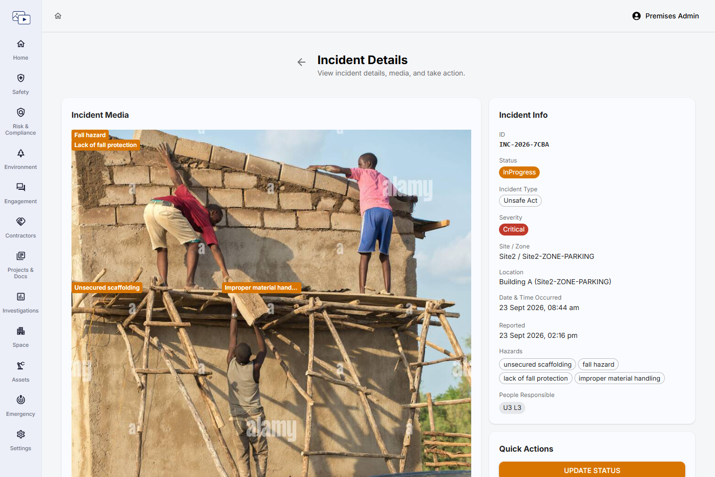 Incident details page with media, comments, incident info and quick actions