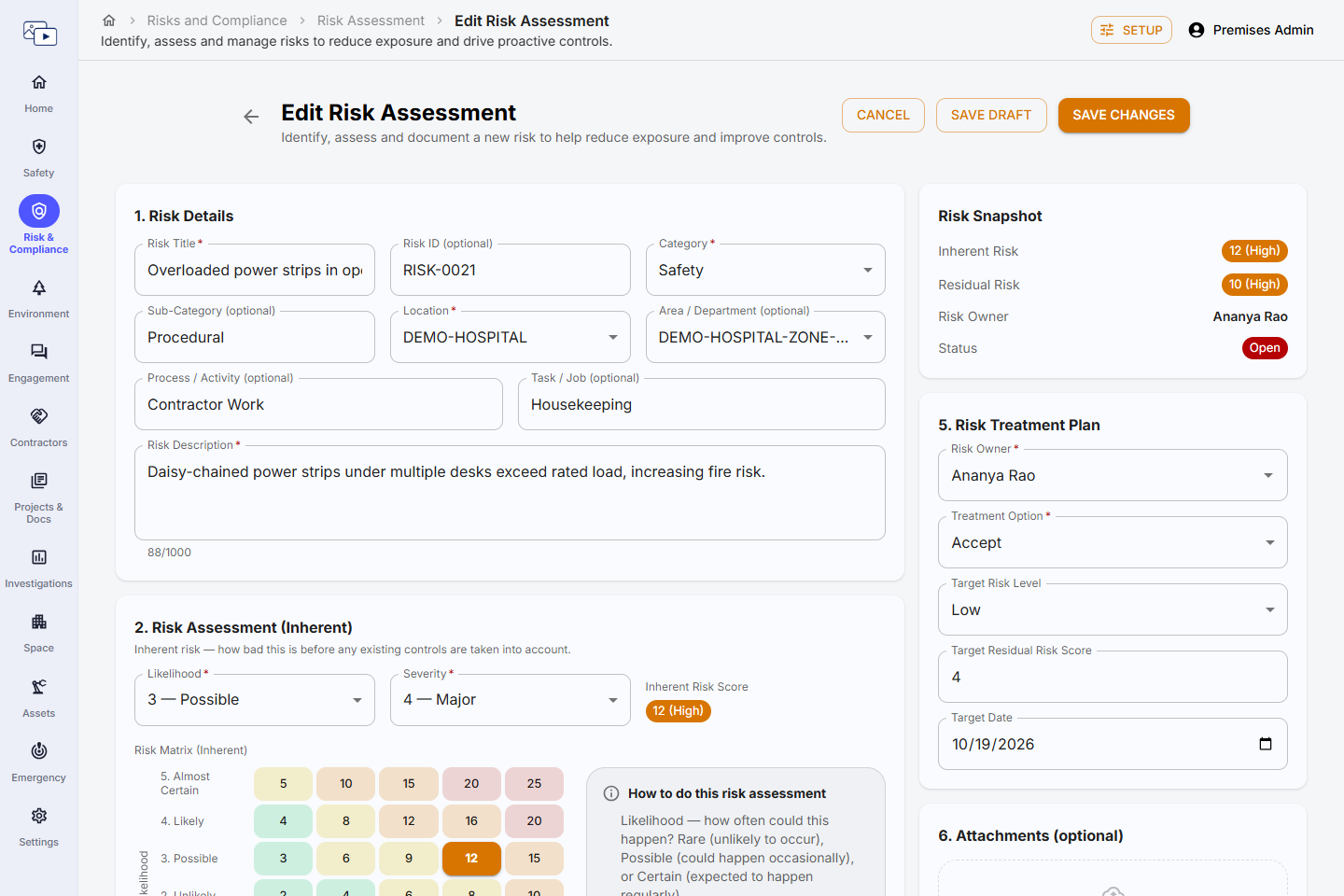 Risk assessment form, sections 1 and 2, with the Risk Snapshot panel